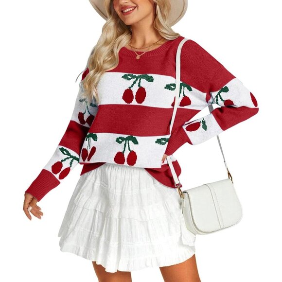 Tops - Trendy Women's Cherry Knit Sweater Long Sleeve Casual Fall